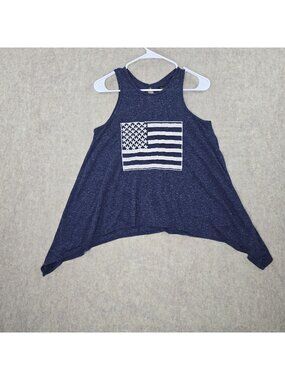Flowy American Flag Womens Tank Top High-Low Hem Navy Heathered Knit Size M